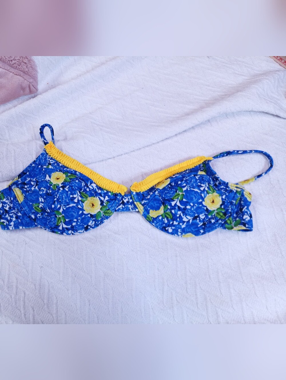 Source Unknown Blue Floral Bikini Top with Yellow Trim